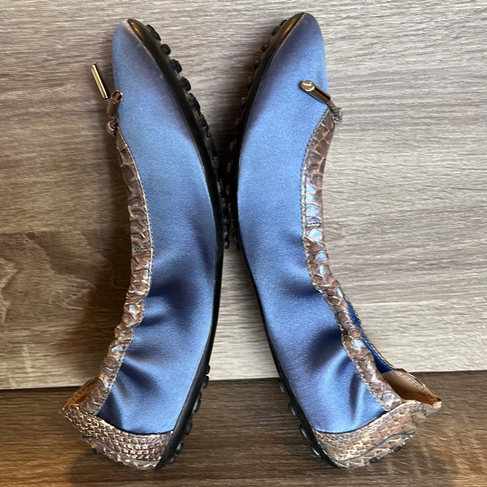 Authentic Tod's Blue Satin With Snakeskin Trim Scrunch Dee Ballet Flats - Picture 10 of 16